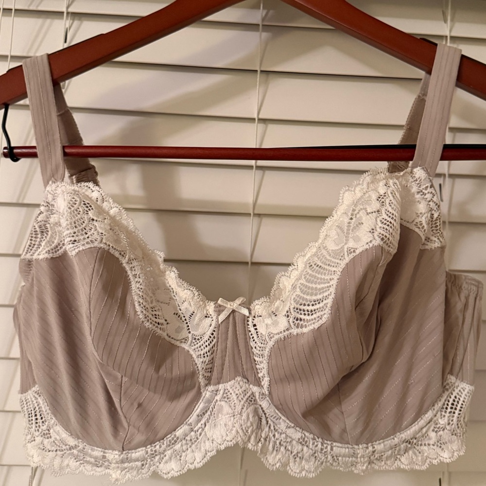 Felina Lace Trimmed Bra in Taupe and White